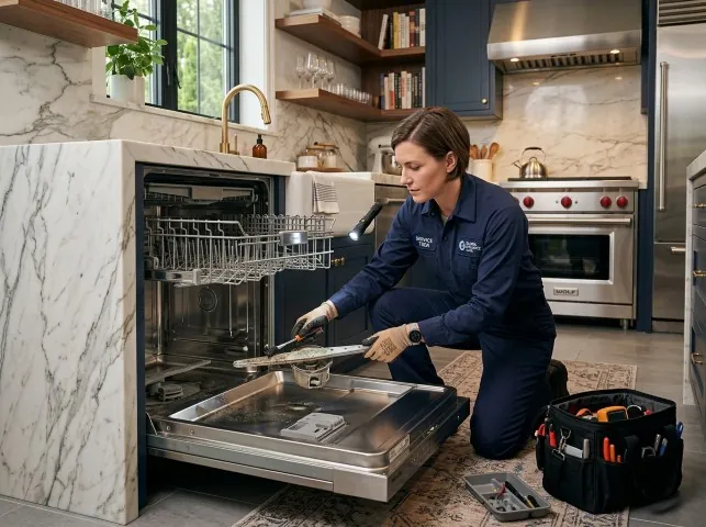 Appliance Repair Hero technician servicing a built-in dishwasher in a Attica, NY kitchen
