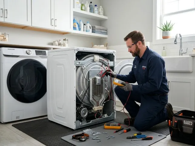 Appliance Repair Hero technician checking a dryer heating element with the rear panel off in Attica, NY