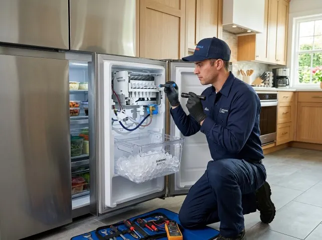 Appliance Repair Hero technician repairing a refrigerator ice maker in Attica, NY