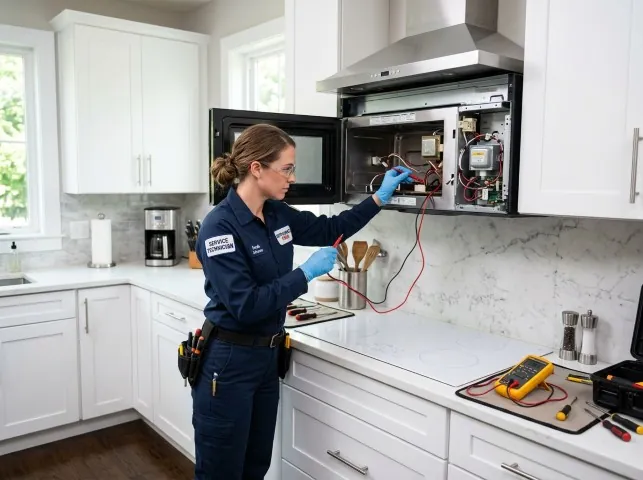 Appliance Repair Hero technician testing an over-the-range microwave in a Attica, NY kitchen