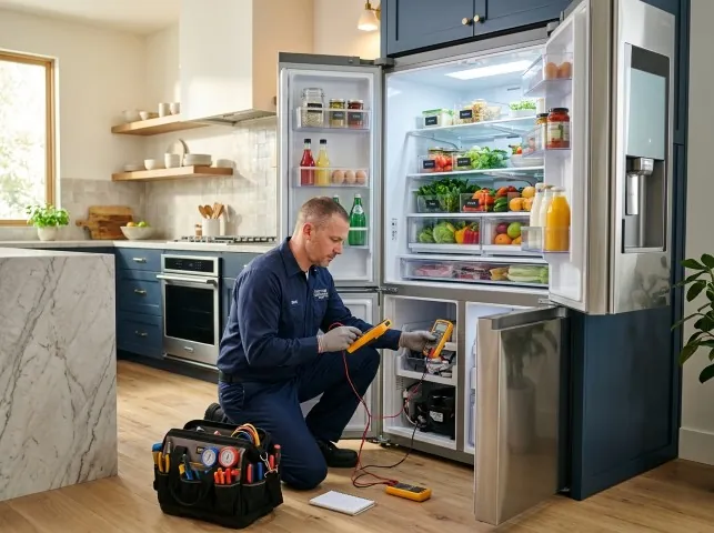 Appliance Repair Hero refrigerator technician testing a fridge on a Attica, NY service call