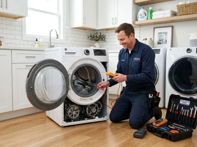 Appliance Repair Hero technician testing a front-load washer with a multimeter on a Attica, NY service call